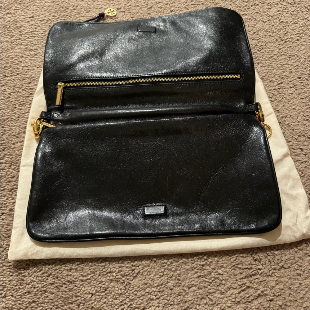 Tory Burch Black and Gold Clutch with Logo - Picture 2 of 3